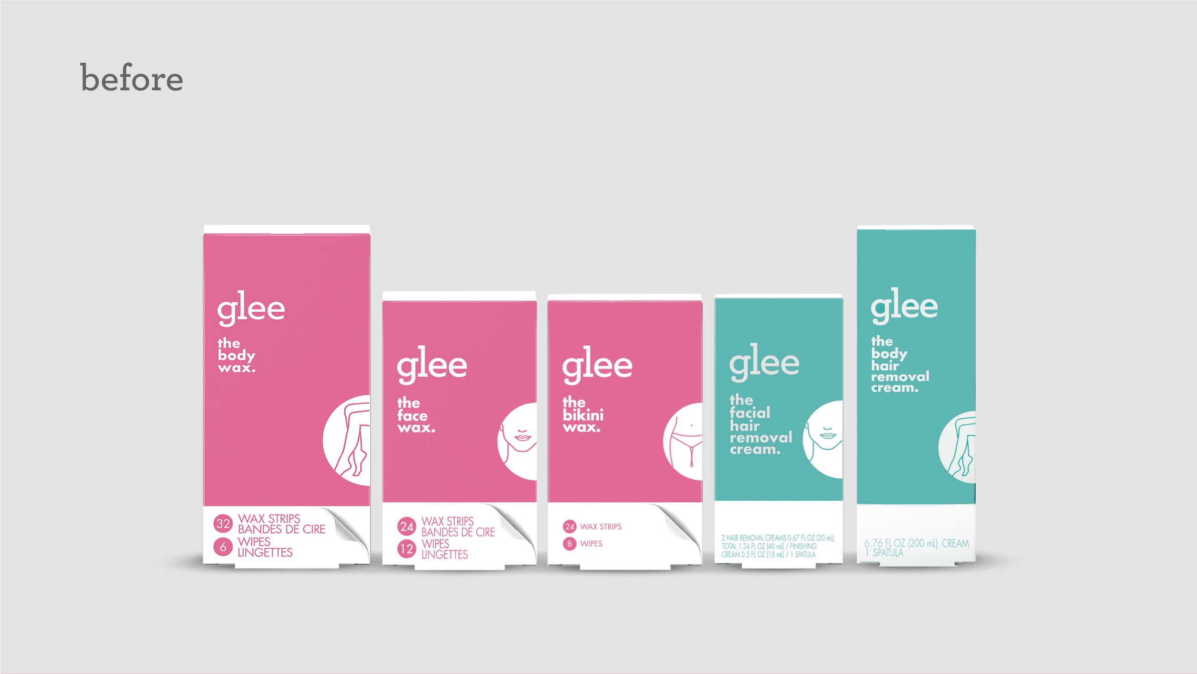 Photograph of five products from the Gillette Joy Glee product line of waxes and hair removal creams, showing the old packaging design before the brand refresh done by a cpg packaging design agency.