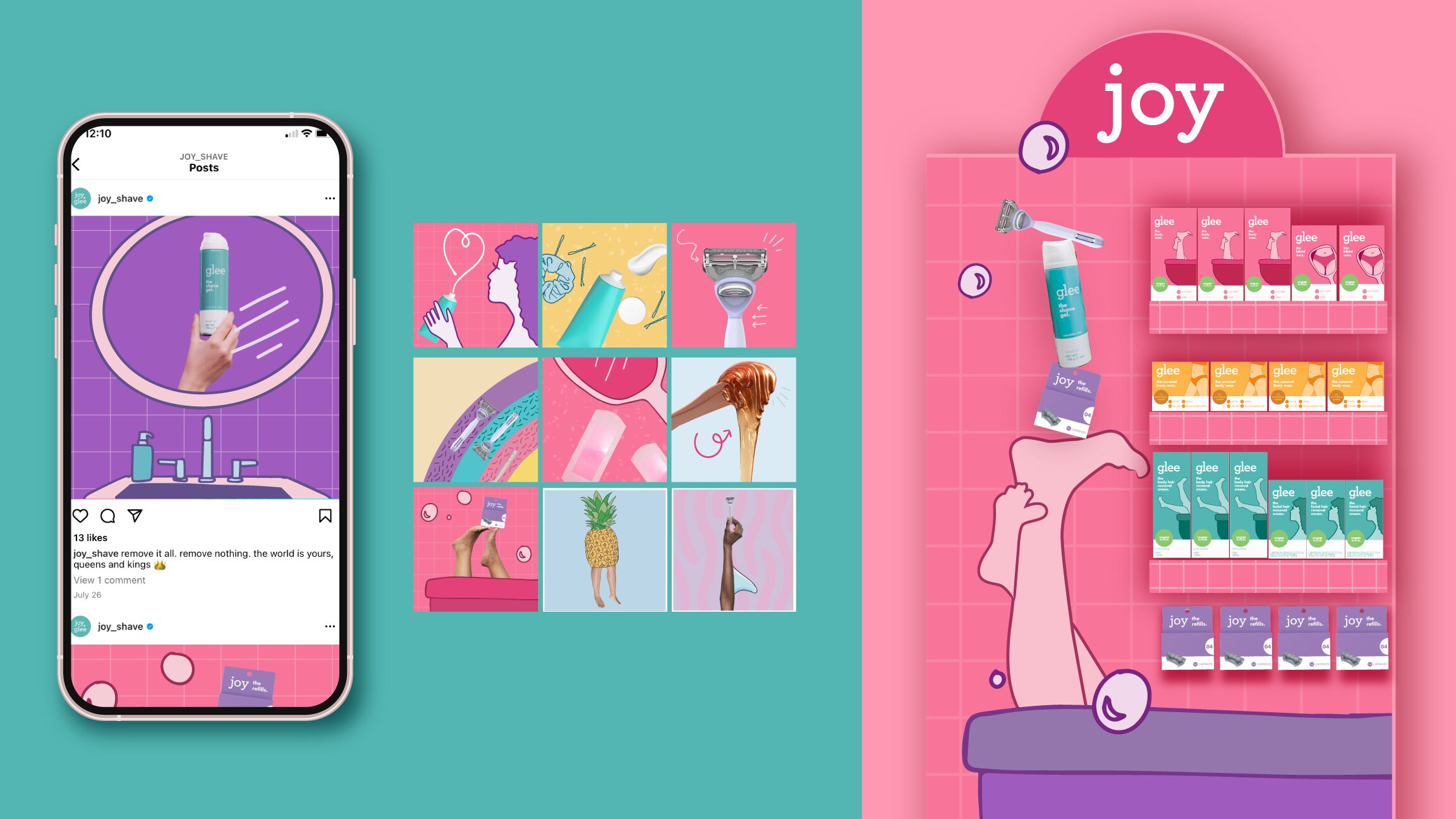 Render of a social media feed and a retail in store display for Gillette Joy Glee, showcasing brand world and identity design services for cpg.