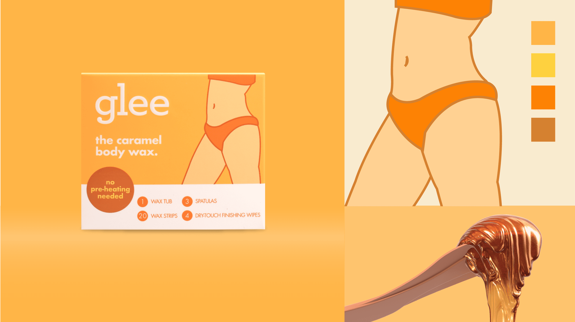 Collage of photographs and illustrations of the Gillette Joy Glee caramel body wax, showcasing Cpg packaging design services.