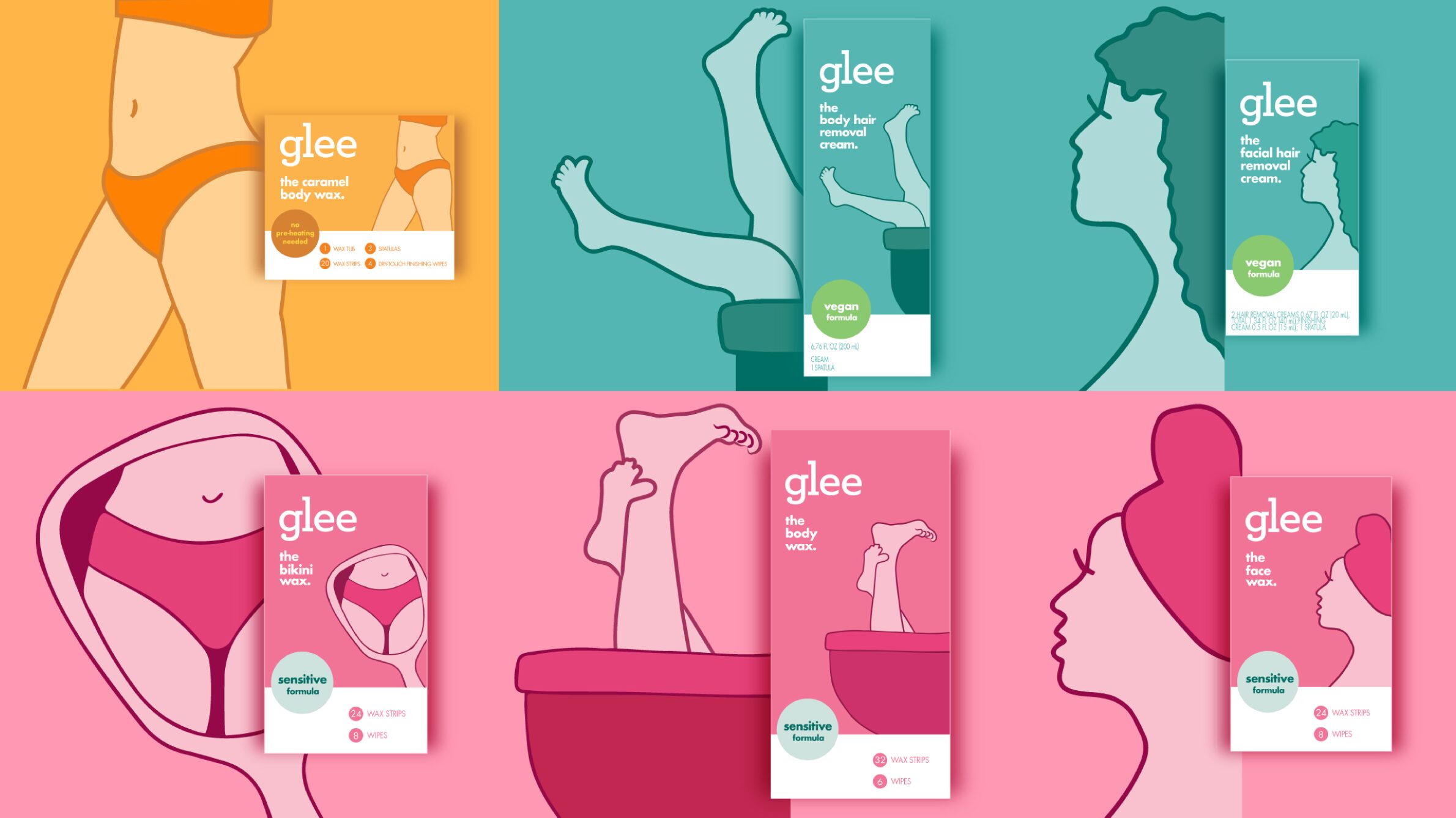 Collage of six different products from the Gillette Joy Glee product line of waxes and hair removal creams, showing the refreshed packaging created by a product packaging design agency.