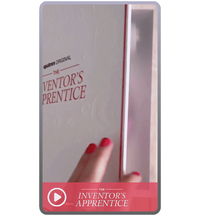 Animated GIF of an Influencer Unboxing Experience for The Inventor's Apprentice, a Quinn Original audiobook.