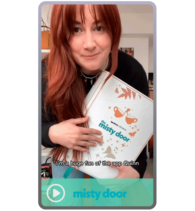 Animated GIF of an Influencer Unboxing Experience for Misty Door, a Quinn Original audiobook.