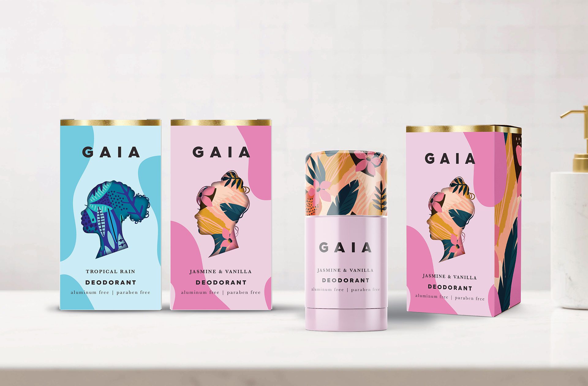 Photograph of a full product line for GAIA deodorants, showcasing packaging design services for consumer packaged goods.