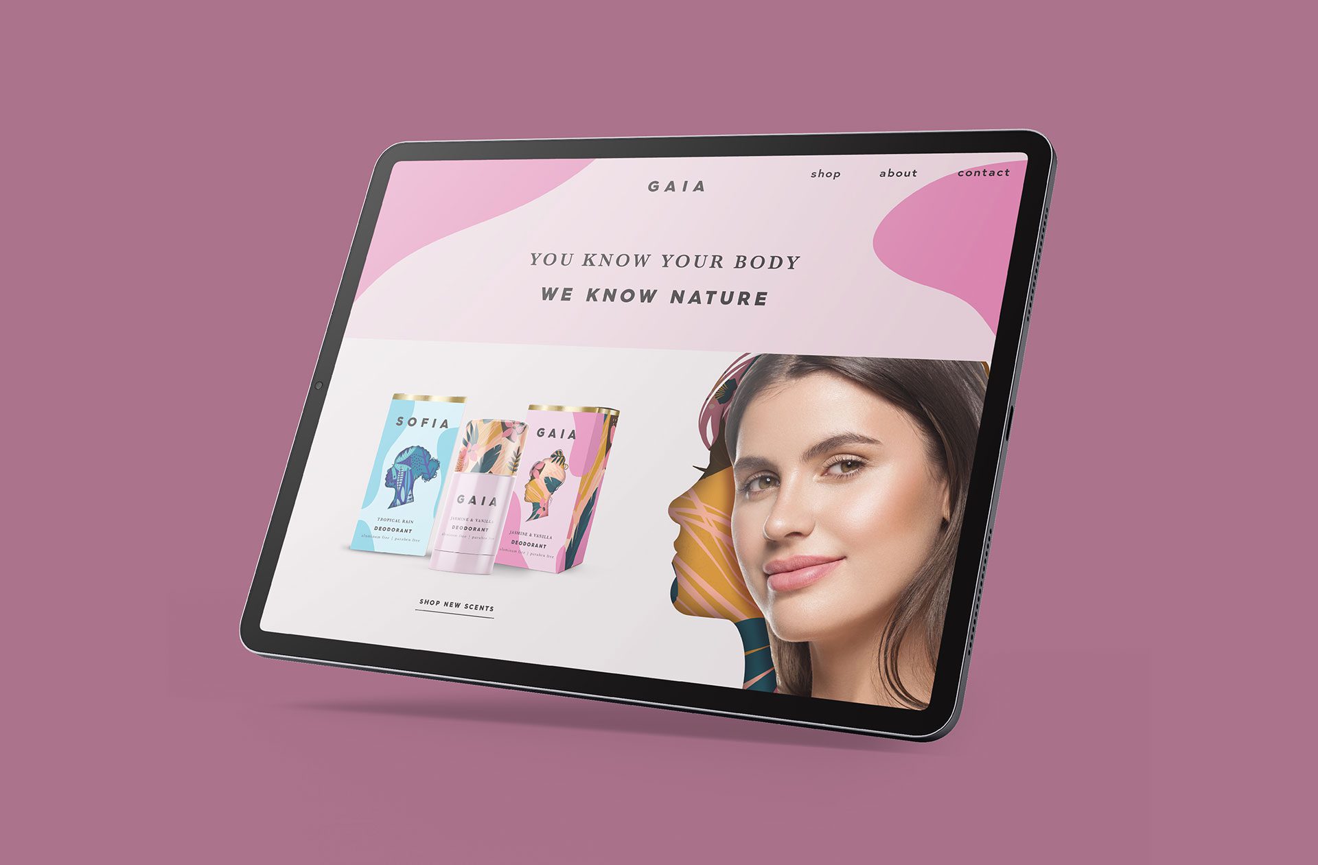 Render of a brand website for GAIA deodorants, showcasing brand world and brand identity design services for consumer packaged goods.