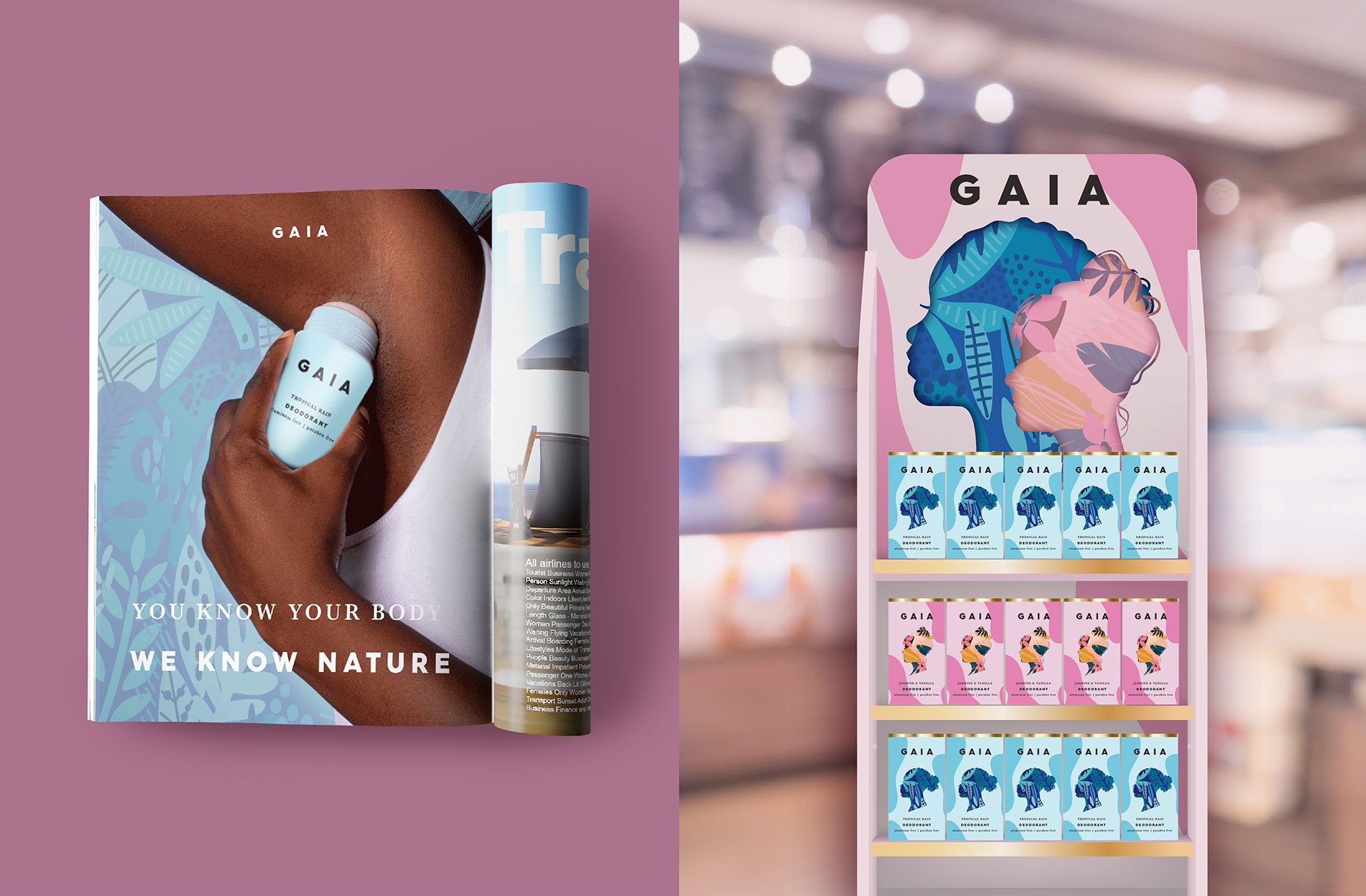 Render of a magazine advertisement and a retail in store display for GAIA deodorants, showcasing brand world and identity design services for cpg.