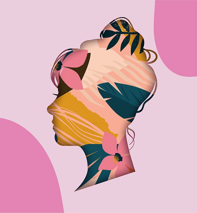 Illustration of the contour woman's face over an original design with a plant motiff , created by a consumer packaged goods brand identity design agency to advertise GAIA deodorants.