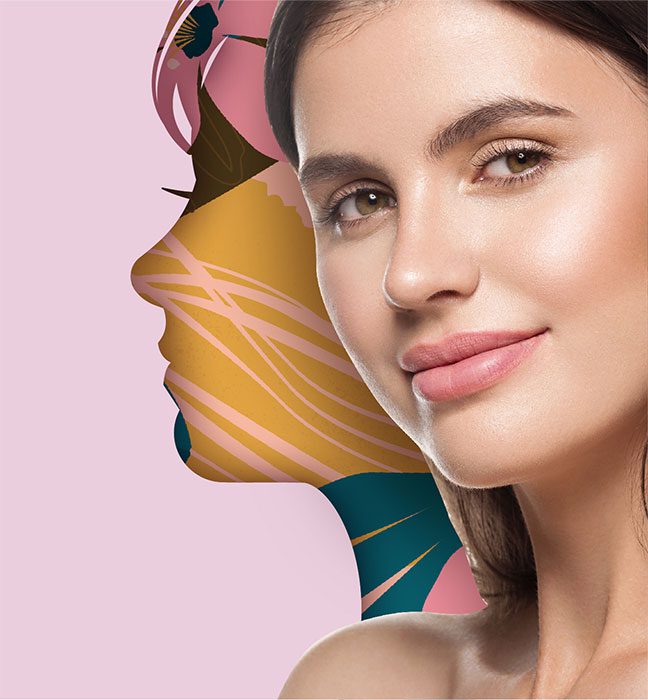 Promotional photograph of woman's face over an original design with a plant motiff, created by a cpg packaging design agency to advertise GAIA deodorants.