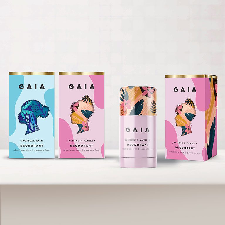 Photograph of a full product line for GAIA deodorants, showcasing packaging design services for consumer packaged goods.