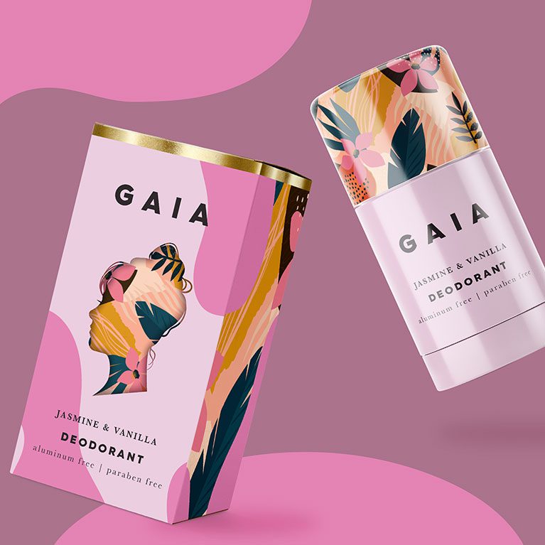 Product photography of GAIA deodorants, showcasing Cpg packaging design services.