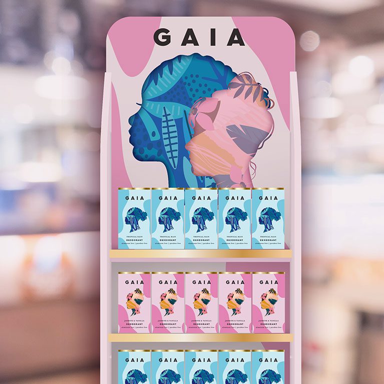 Render of a retail in store display for GAIA deodorants, showcasing brand world and identity design services for consumer packaged goods.