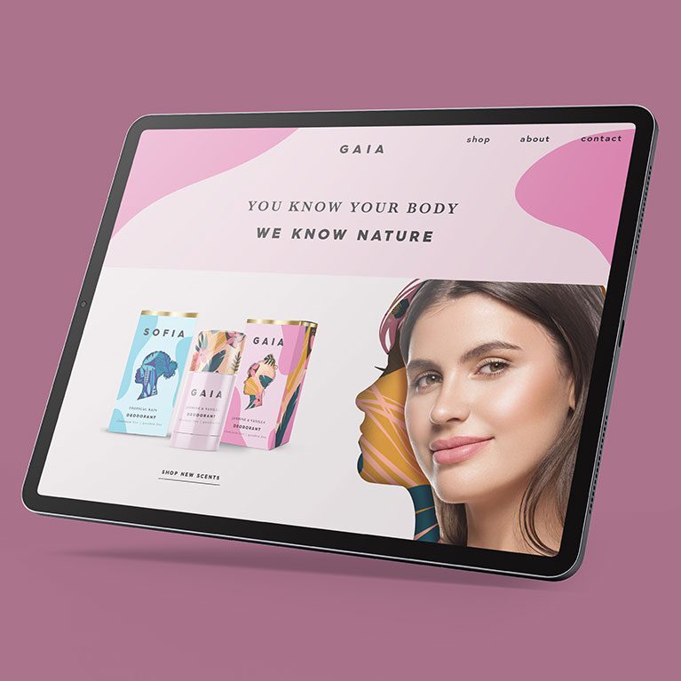 Render of a brand website for GAIA deodorants, showcasing brand world and brand identity design services for consumer packaged goods.