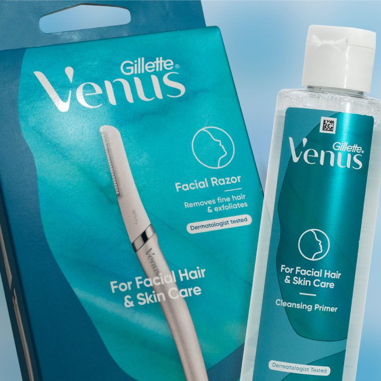 Product photography of a dermaplaning at home skincare range by Gillette Venus by a cpg packaging design agency.