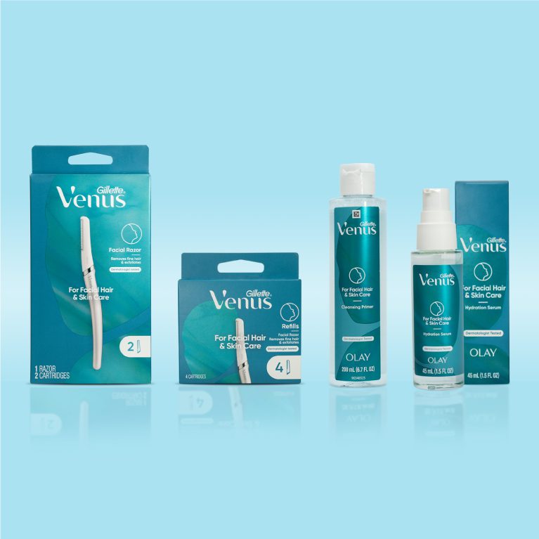 Photograph a full product line for a dermaplaning at home skincare range by Gillette Venus, showcasing Cpg packaging design services.