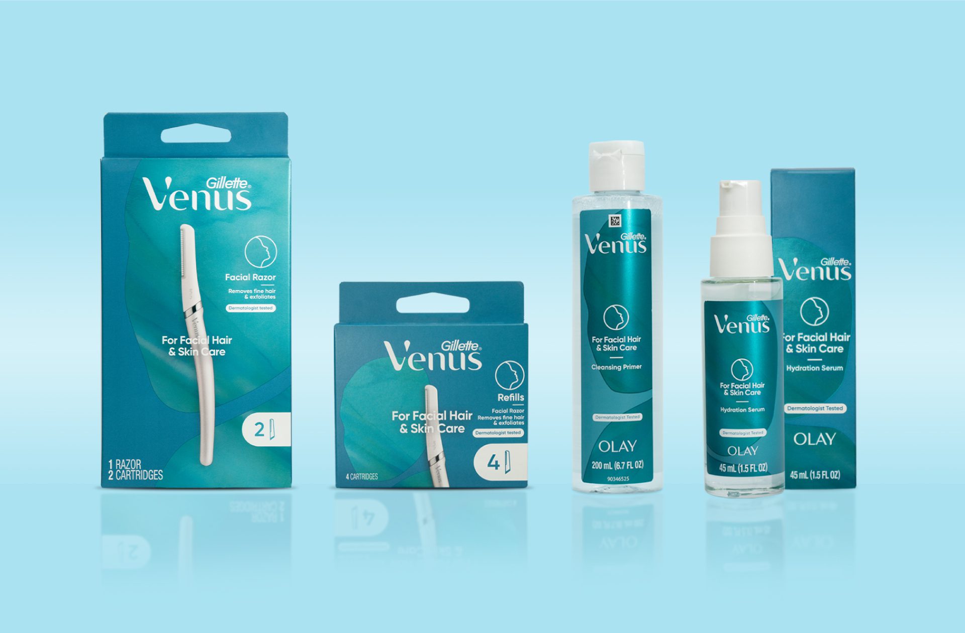 Photograph a full product line for a dermaplaning at home skincare range by Gillette Venus, showcasing Cpg packaging design services.