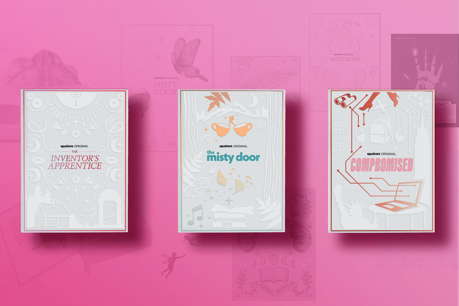 Final designs for a set of Influencer Unboxing Experiences for Misty Door, The Inventor's Apprentince and Compromised, a series of Quinn Original audiobooks.