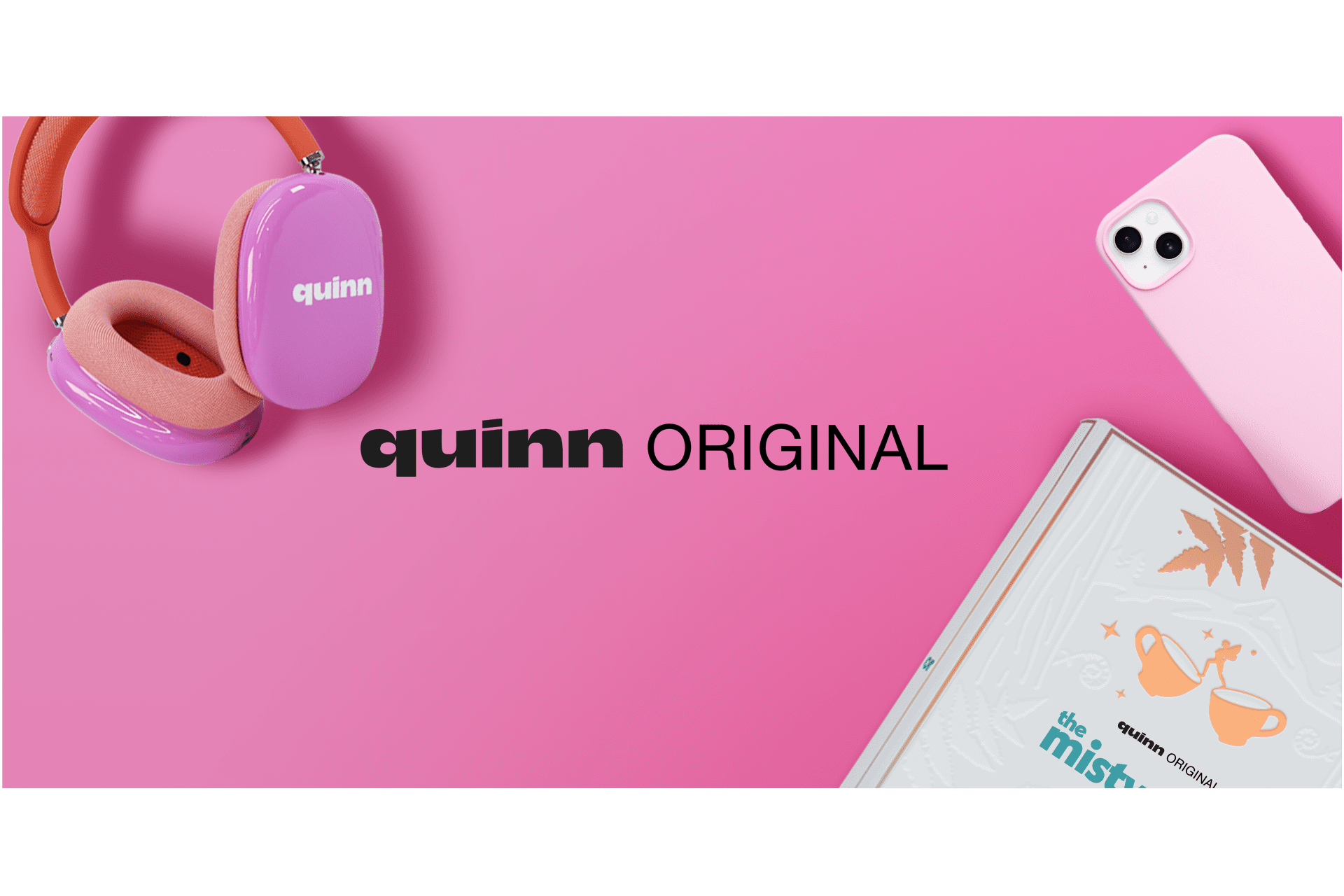 Beauty shot of an Influencer Unboxing Experience for Misty Door, a Quinn Original audiobook, alongisde an Iphone and a pair of Quinn heapdhones.
