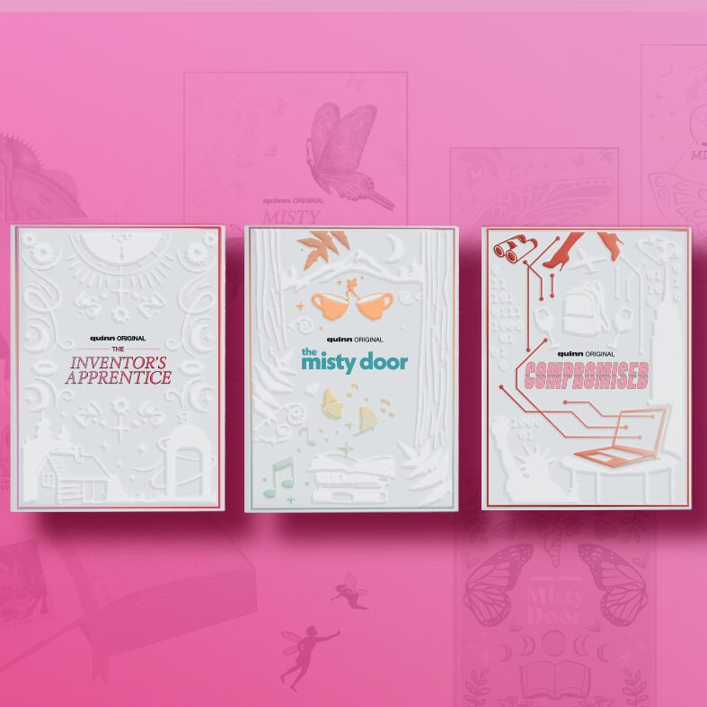 Final designs for a set of Influencer Unboxing Experiences for Misty Door, The Inventor's Apprentince and Compromised, a series of Quinn Original audiobooks.