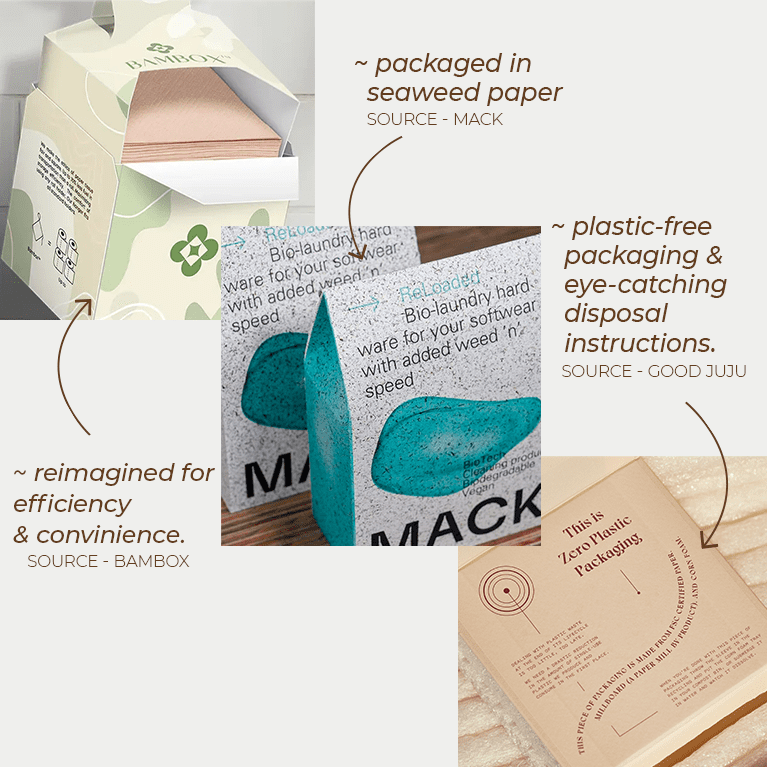 A collage of three examples of eco-friendly packaging design services. The products features seaweed paper and plastic-free packaging.
