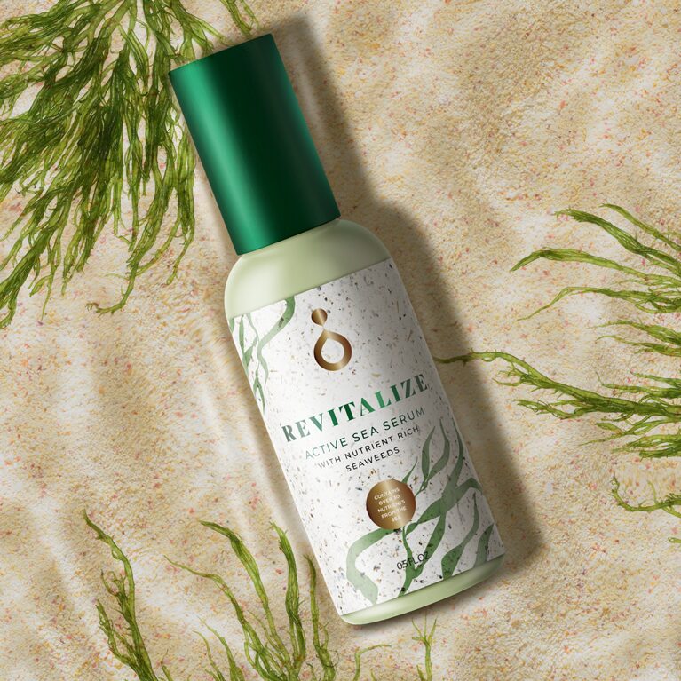 A render of eco friendly retail packaging for cosmetics products, showcasing a brand design agency’s Sustainable Packaging Design services. The product features algae paper.