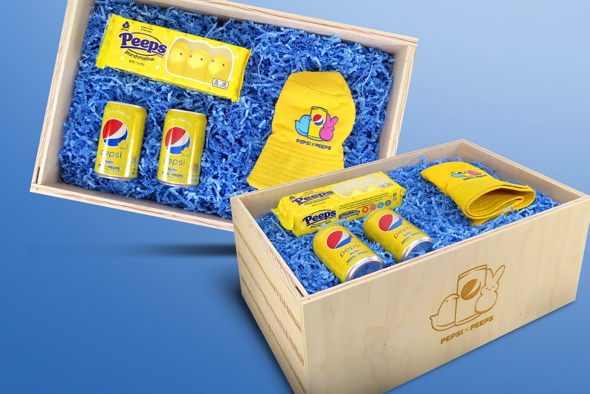 Beauty shot of an influencer marketing unboxing experience for the limited edition collaboration between pepsi and Peeps.